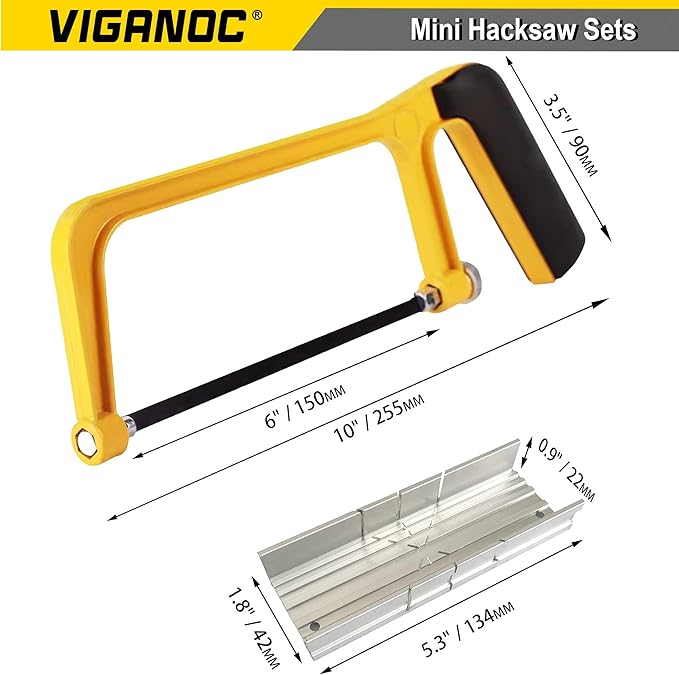 6-inch Mini Hacksaw and Miter Block Set - 150 mm Cutting Hand Saw with 5Pc Bi-metal Blades