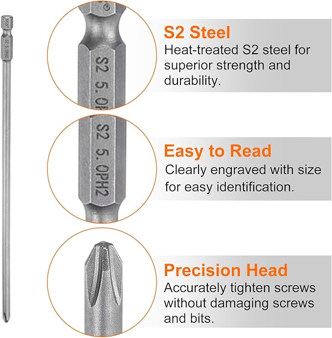 Magnetic Phillips Screwdriver Bit PH2 1/4" Hex Shank 200mm Long 5 mm Rod