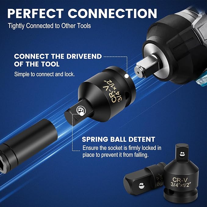 8-Piece Impact Socket Adapter Set, 1/4" 3/8" 1/2" 3/4" Drive Socket Reducer Set with Case, for Impact Wrenches,Ratchets,Automotive and DIY Tools