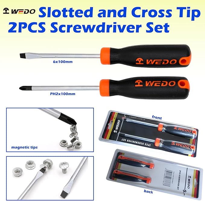 WEDO 2PCS Magnetic Screwdriver Set, Magnetic Screwdriver Kit, Magnetic Tip Slotted Screwdriver and Philips Head Tip with Plastic Case, PH2*100mm, 6 * 100mm, S2 Steel,Ergonomic Handle