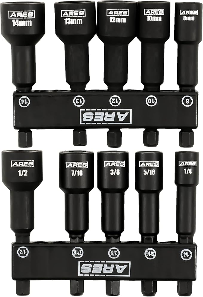 ARES 27102-10-Piece SAE and Metric Impact Magnetic Nut Driver Set - 2 1/2-Inch Impact Grade Nut Setters with Industrial Strength Magnets and Holders