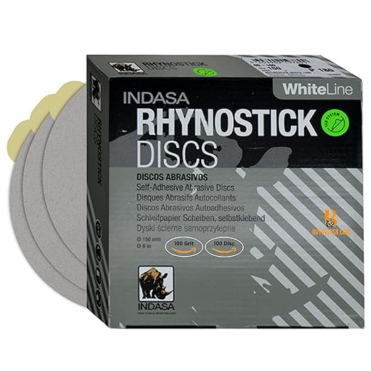 Indasa 6" 100 PCS PSA Sanding Discs ??Rhynostick 100 Grit / 100 Discs ??Self-Adhesive Sticky-Back Sandpaper for DA Sander, Automotive, Wood, Metal, Paint, whiteline