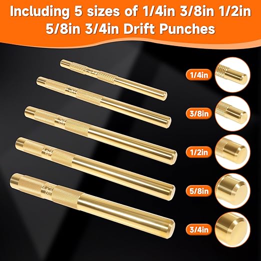 Brass Drift Punch Set 1/4'' 3/8'' 1/2'' 5/8'' 3/4'' 5 Pcs Hand Punches Tool 1/4-Inch 3/8-Inch 1/2-Inch 5/8-Inch 3/4-Inch Brass Pin Drive Punch Set Replace 67003-MAI 045256670034