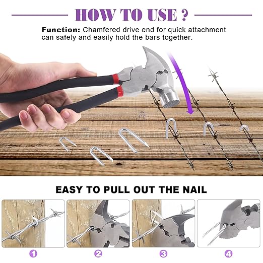 Swpeet 151Pcs 10 Inch Fencing Plier with Hammer Head and 3 Sizes 3/4" 5/6" 3/2" Steel Wire Staples Set, Nail Puller Pliers, Staple Puller for Installing, Maintaining and Repairing Wire Fences