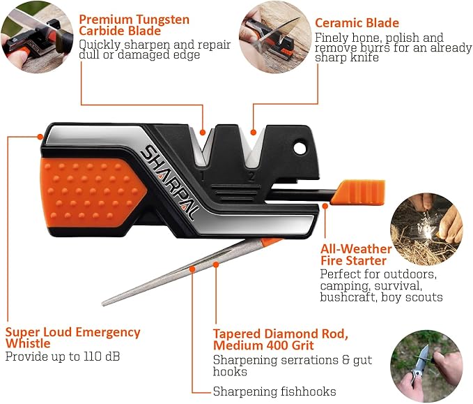 SHARPAL 101N 6-in-1 Pocket Knife Sharpener & Survival Tool ??Diamond Sharpening Rod, Fire Starter Ferro Rod, Whistle ??Sharpens Straight & Serrated Blades, Repairs & Hones Knives