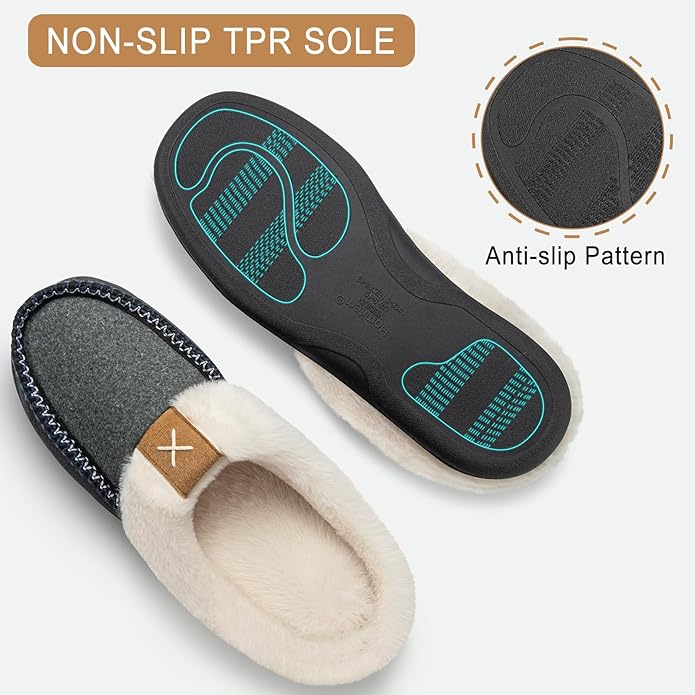 Homitem Mens Slippers Moccasins Memory Foam Fuzzy Slippers for Men Wool-Like Plush Fleece Lined House Shoes Indoor Outdoor Anti-Skid Rubber Sole Home Bedroom