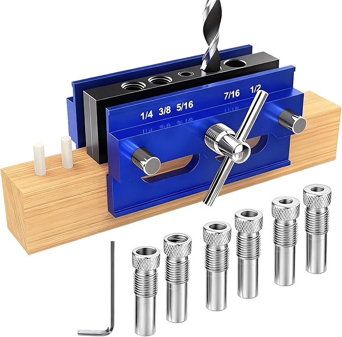Self Centering Doweling Jig Kit, Drill Jig For Straight Holes Biscuit Joiner Set With 6 Drill Guide Bushings, Adjustable Width Drilling Guide Power Tool Accessory Jigs (L)