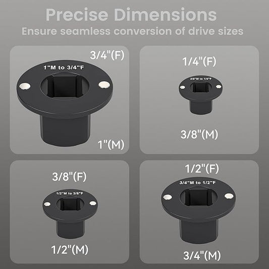 4PCS Thin Wall Impact Adapter Set ??Made of Cr-Mo steel, includes 3/4"-1", 1/2"-3/4", 1/2"-3/8", 1/4"-3/8". Magnetic compact design, ideal for tight spaces and ratchet drives.