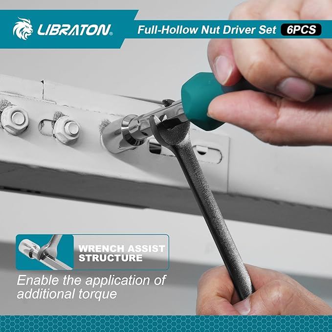 LIBRATON Full-Hollow Nut Driver Set SAE, 12-Point Magnetic Nut Drivers, Hollow Shaft for Long Bolts, 6PCS Heavy Duty Magnetic Nut Drivers with Through-Handle, 1/4, 5/16, 11/32, 3/8, 7/16, 1/2Inch