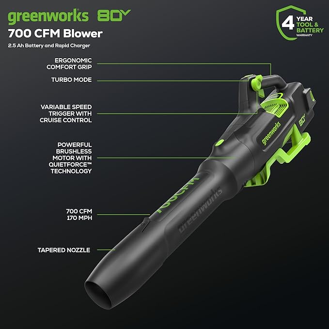Greenworks 80V 16" Brushless Cordless String Trimmer and 700 CFM Leaf Blower Combo Kit, 2.5Ah Battery and Charger Included