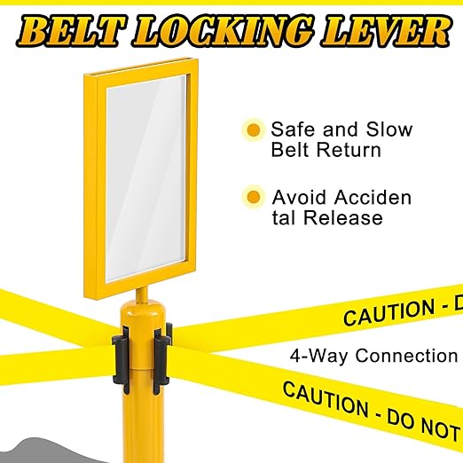 Therwen 6 Pack Heavy Duty Crowd Control Stanchions 9.8 ft Stainless Steel Stanchion Set with 6 Safety Barrier Post Retractable Belt and 1 Sign Holder Crowd Control Barrier(Caution Belt,Yellow)