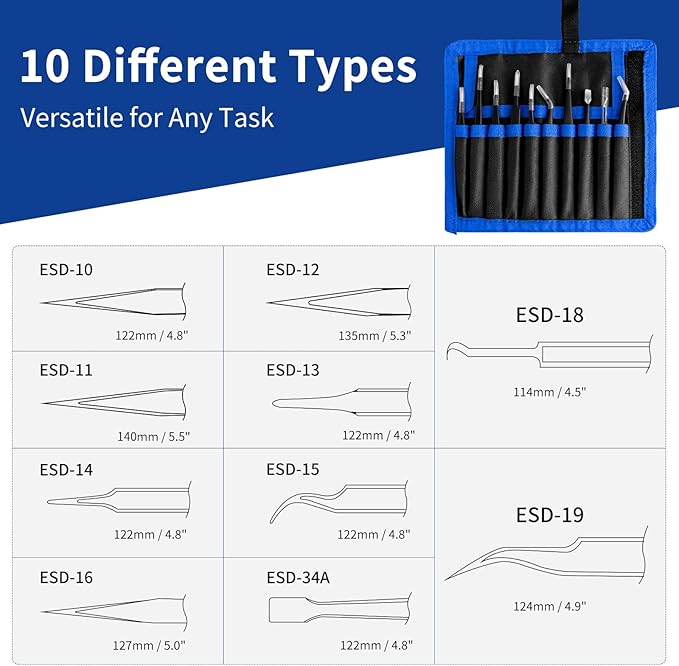 Precision Tweezers Set, XOOL 10 PCS ESD Tweezers Set, Anti-Static Stainless Steel Tweezers Kit, Multi-standard Stainless Steel Tweezers for Lab, Electronics, Jewelry and Detailed Work