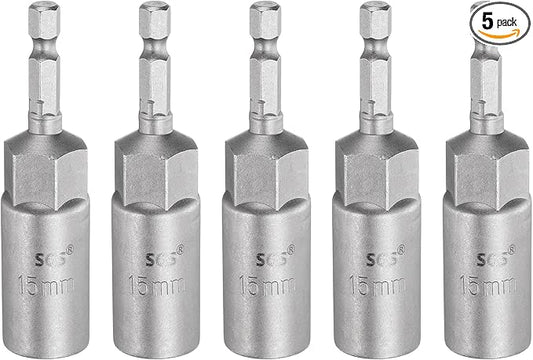 HARFINGTON 5pcs Nut Driver Drill Bit 15mm Metric Socket 1/4" Hex Shank 3.15" (80mm) Long 6-Point Sockets Quick Change CR-V Steel Bolt Setters for Power Drill Drivers