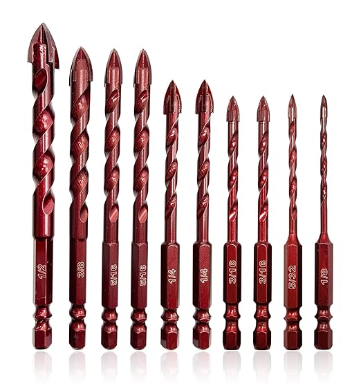 FEWELL Masonry Drill Bits 10 Pcs, Concrete Drill Bit Set Size 1/8" to 1/2", Professional High Cobalt Drill Bit Set for Tile Glass/Metal Brick Concrete Ceramic Plastic Wood