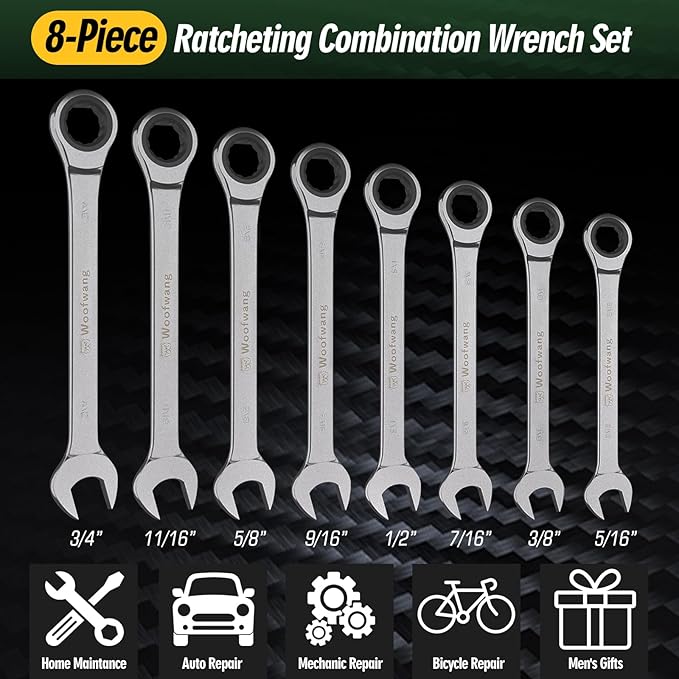 8-Piece Ratcheting Combination Wrench Set, Matte Silver Finish, SAE 5/16-3/4 in, 72-Tooth Ratchet Gears, 5째 Swing Arc, Anti-Slip Tooth Design, Cr-V Steel, Full Chrome Plated, Foldable Storage Pouch
