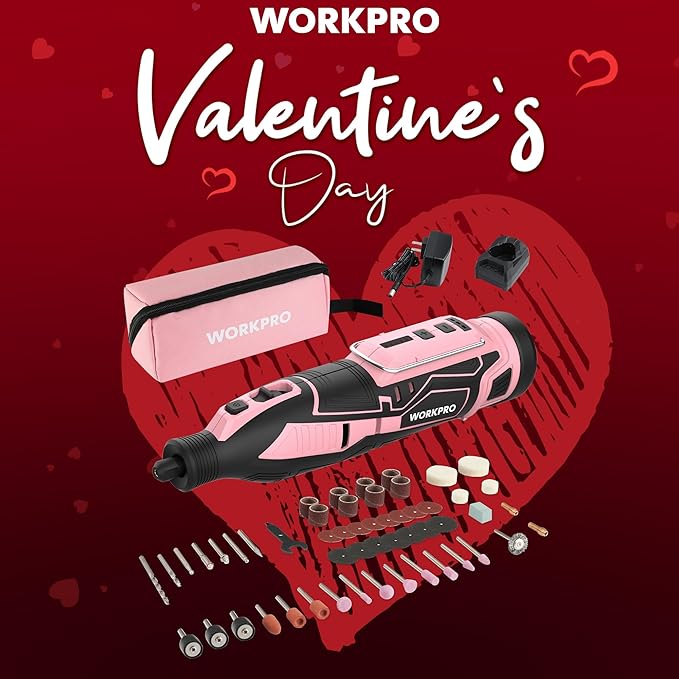 WORKPRO Pink 12V Cordless Rotary Tool Kit, 5 Variable Speeds, Powerful Engraver, Sander, Polisher, 114 Easy Change Accessories, Craft Tool for Handmade and DIY - Pink Ribbon