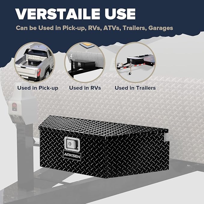 ARKSEN 39 Inch Aluminum Diamond Plate Trailer Tongue Box,Waterproof Under Truck Tool Box for Pick Up Truck Bed, RV Trailer, ATV with Lock and Keys - Black