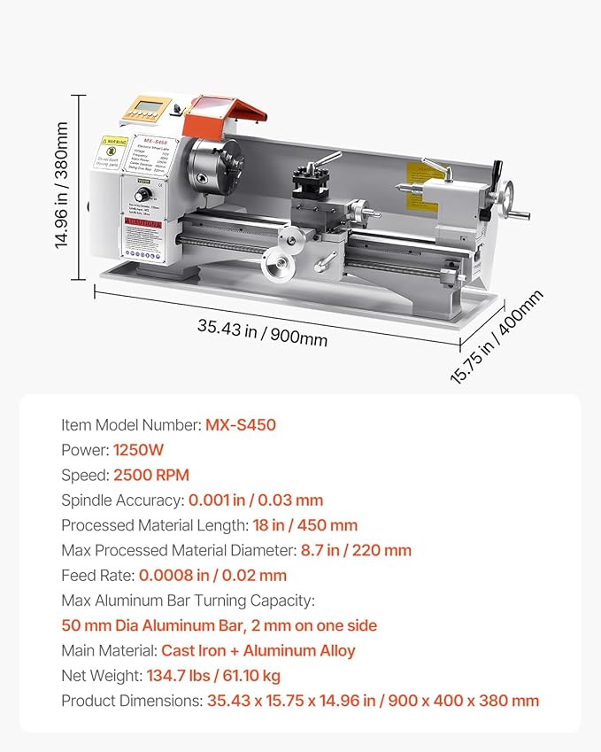 VEVOR Metal Lathe Machine, 8.7 x 18 in, Precision Bench Power Metal Lathe, Automatic Feed, 0-2500 RPM Variable Speed, 1250W Brushless Motor, for Processing Precision Parts Soft Metals Wood Plastics