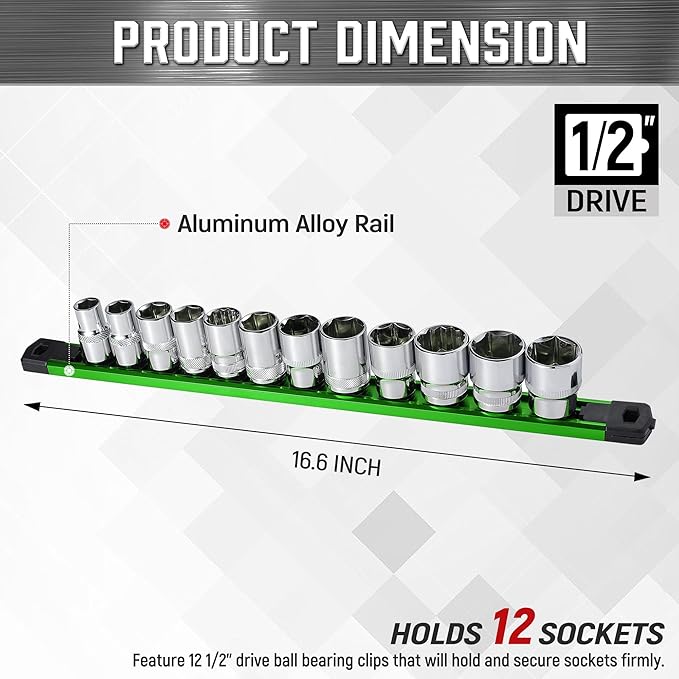 ALOANES 1/2-Inch Drive Magnetic Socket Organizer, Heavy Duty Aluminum Socket Rail Organizer, 360째 Swivel Clips Socket Holder Kit for Tool Box, 1/2-Inch Socket Holder x 12 Clips (Green)