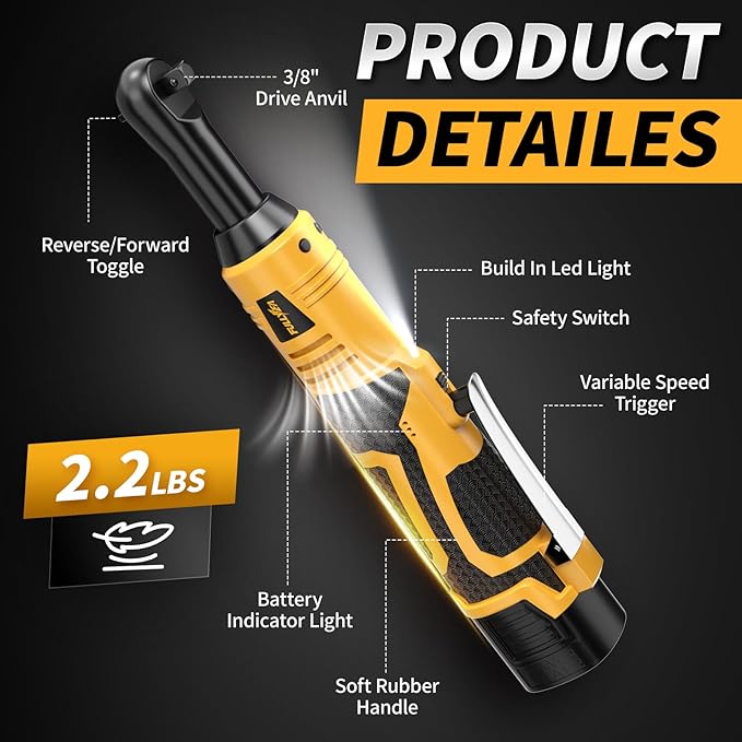 3/8" Cordless Electric Ratchet Wrench Set, 550RPM, 40Ft-lbs, 16.8V Extended Power Ratchet Tool Kit with Variable Speed, 1/4" Adapter, 3" Extension Bar, 2*2.0Ah Battery and Fast Charger(Yellow)
