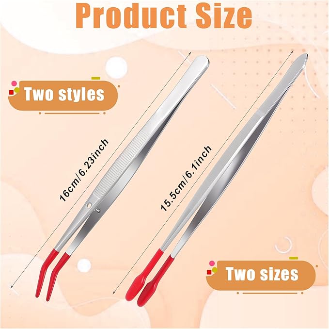 4 Pieces Tweezers with Rubber Tips PVC Rubber Coated Tweezers Rubber Long Bent Tip Tweezer and Straight Flat Tip Tweezer for Lab Stamp Hobby Jewelry Crafts Feeding (Silver, Red)