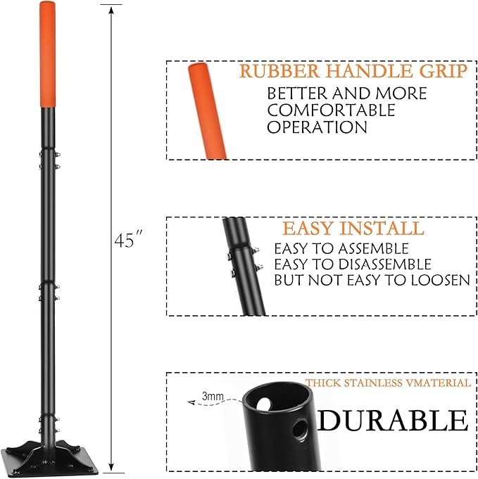Steel Tamper 8in횞8in, 45in Long-Handled Hand Tamper with Rubber Grip, Durable Ground Tamper, Ideal for Leveling Garden Soil, Gravel, as Well as Laying Floor Tiles and Repairing Blacktop