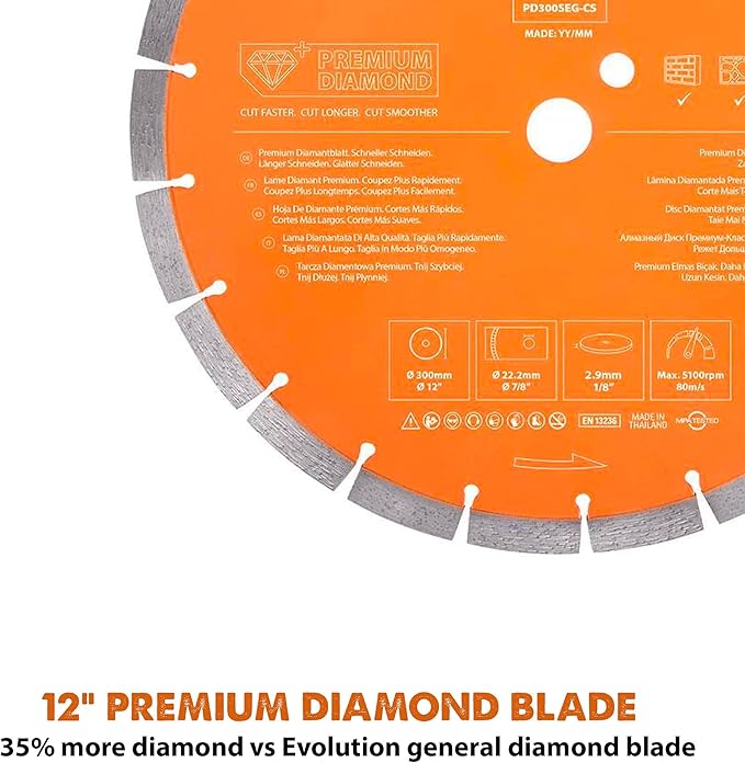 Evolution Power Tools Premium Diamond Blade 12-Inch for Disc Cutter, Concrete Saw | 1 Inch Arbor | High Diamond Concentration | Segmented Diamond Blade for Masonry, Brick, Stone, Roof Tile, Concrete