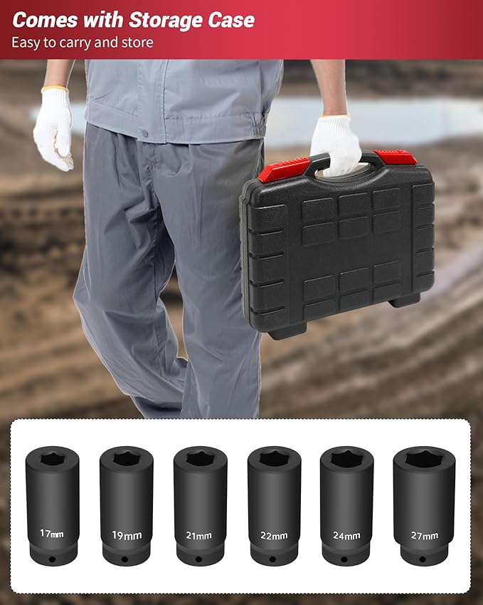 1/2?쇺?Drive Crank Bolt Socket Set, weighted socket set 6 Pack 17MM, 19MM, 21MM, 22MM, 24MM, 27MM, Harmonic Balancer Socket Set, 3 Times Momentum Power of Standard Impact Sockets