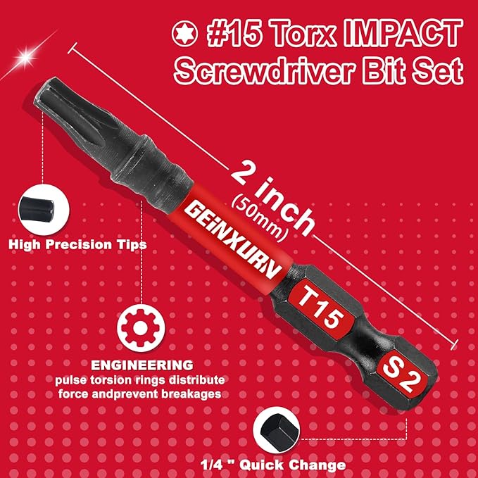 10Pieces 2 In. T15 Impact Tough Magnetic Screwdriver Bit Set, #15 Torx Head Power Bits, S2 Alloy Steel Star Bits with Storage M-Box