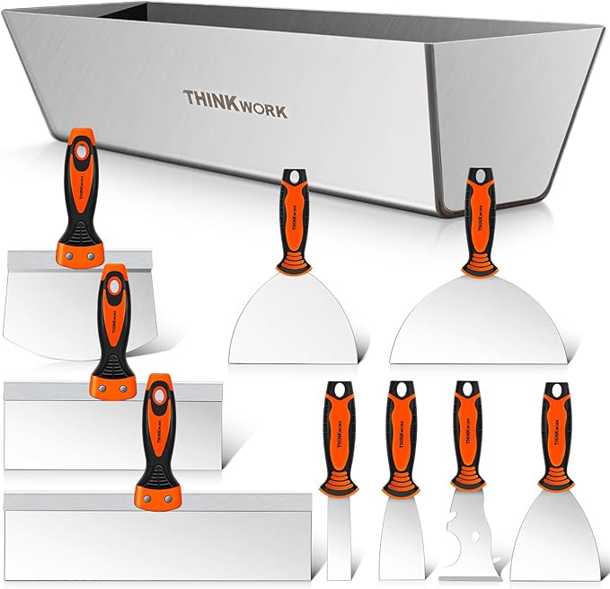 THINKWORK Drywall Knife Set, 10Pcs Drywall Tools Include Stainless Steel Putty Knife Set, Taping Knives, Painter Scraper, 14" Mud Pan and Scoop, Spackle Tool Kit for Joint Taping, Finishing, Patching