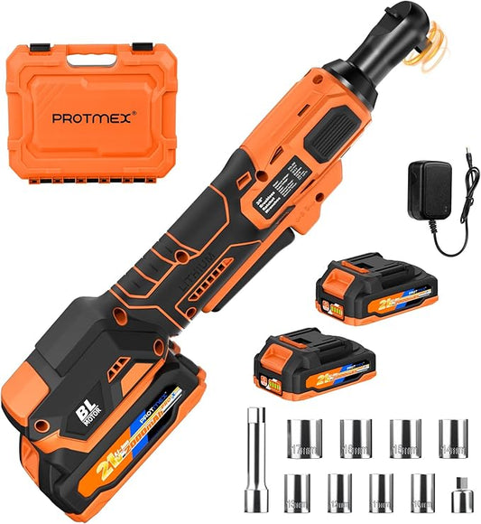Protmex 74FT-LBS (100N.m) Cordless Ratchet Wrench, 3/8'' Brushless Electric Ratchet with 21V 2.0Ah Battery, 0-400RPM Chargeable Power Ratchet Tool Kit with Variable Speed Trigger