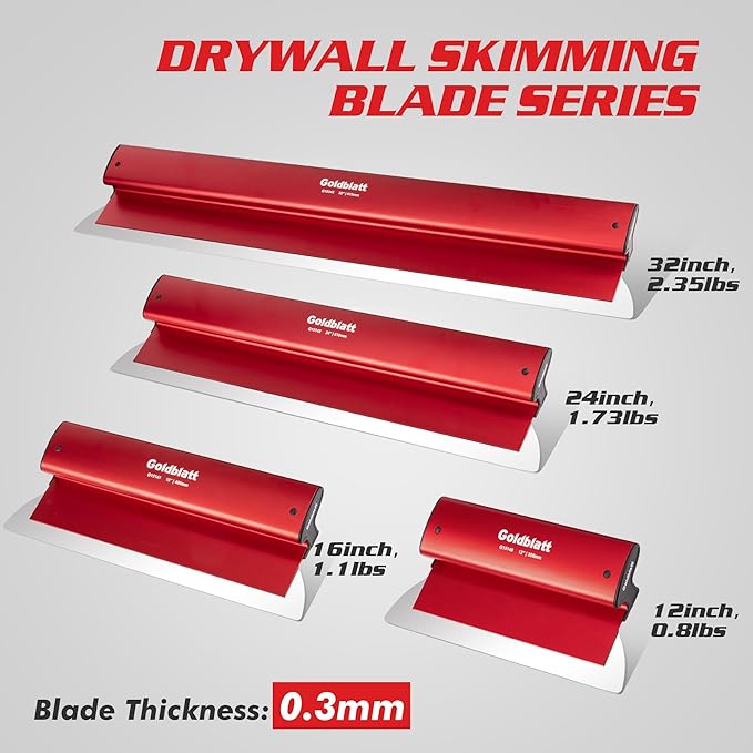Goldblatt 24 Inch Drywall Skimming Blade, 0.3mm Stainless Steel Blade, Aluminum Body - Rigid Lightweight Drywall Knife with End Caps, Ergonomic Grip, for Mud, Repair Plaster Wall