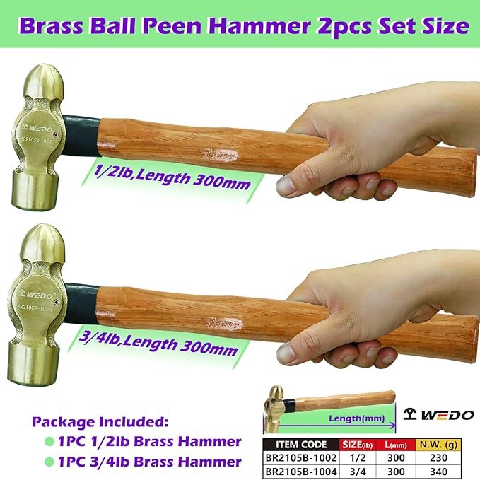 WEDO 2PCS Brass Ball Peen Hammer Set,8 oz + 12 oz(1/2lb+3/4lb), Brass Ball Pein Hammer Set with Wooden Handle, Die-Forged, Corrosion Resistant, DIN Standard