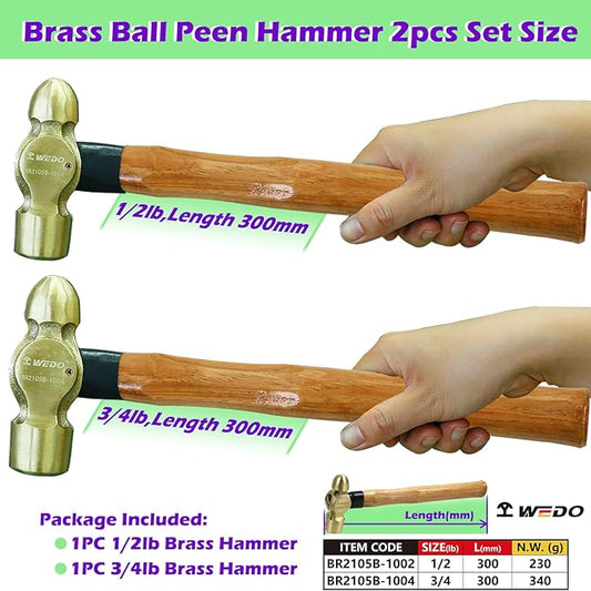 WEDO 2PCS Brass Ball Peen Hammer Set,8 oz + 12 oz(1/2lb+3/4lb), Brass Ball Pein Hammer Set with Wooden Handle, Die-Forged, Corrosion Resistant, DIN Standard