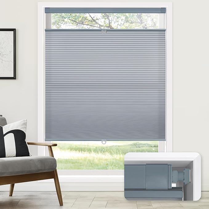 LazBlinds No Tools No Drill Cordless Cellular Shades, Top Down Bottom Up (TDBU) Honeycomb Shades for Home, Light Filtering Thermal Insulation Blinds for Windows, 28" W x 48" H, Dark Grey