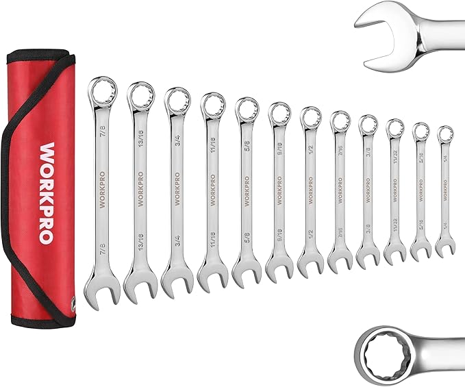 WORKPRO 12-Piece Combination Wrench Set, SAE 1/4"-7/8", Premium Cr-V Wrench Sets, 12PT, Mirror Polish Chrome Plating with Rolling Pouch
