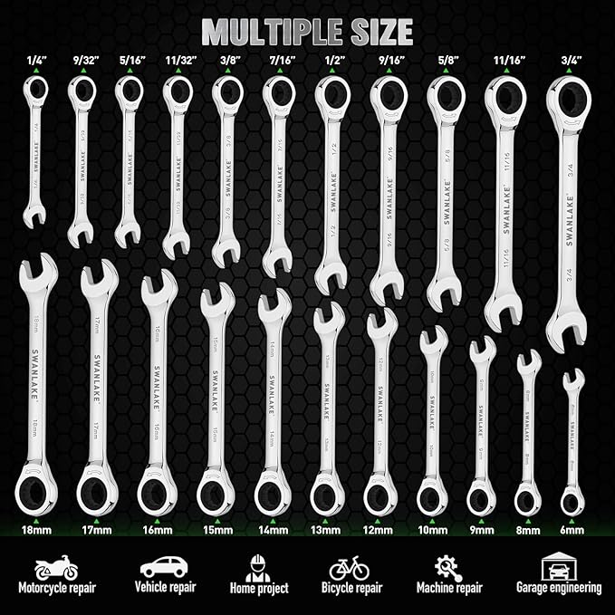 24-Piece Combination Ratchet Wrench Set, Metric (6-18mm) & SAE (1/4''-3/4'') Wrenches Set, 12-Point 72-Tooth Ratchet Spanners with Magnetic Base Organizer, Chrome Vanadium Steel for Auto Mechanic Tool