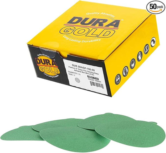 Dura-Gold Premium 5" Green Film PSA Sanding Discs - 150 Grit (Box of 50) - Film Back Self Adhesive Stickyback Sandpaper Discs for DA Sanders, Fast Cut Abrasive - Sand Automotive Paint Woodworking Wood