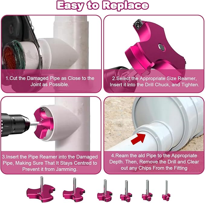 6Pcs Triple Blade PVC Pipe Reamer Kit 3 Blades Pipe Fitting Saver Tool for Plumbing with Triple Blade & 1/4-Inch Hex Shaft for PVC SCH40 ABS CPVC (3/4", 1", 1-1/2", 2", 3", 4") Plastic Fitting Reamer