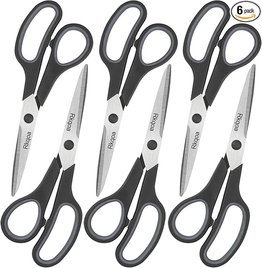 Black 6 Scissors Pack, Rkqoa 8" All Purpose Scissor - High Performance and Designed for Everyday use, Stainless Steel Shears Set with Comfort-Grip, Right/Left Handed