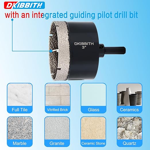 3" Diamond Hole-Saw Bits with Pilot Drill Bit 3 in Diamond Tipped Tile Hole Saws with Guiding Bit for Accurate Drilling, for Porcelain Tile Ceramic Pottery Granite Stone Glass Bottles 75mm