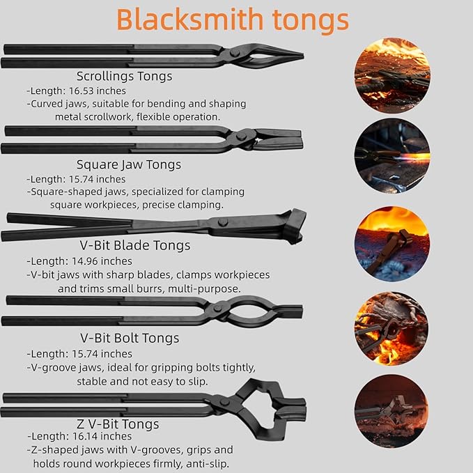6PCS Blacksmith Tools with Blacksmith Tongs and Blacksmith Hammer,V-Bit, V-Bit Bolt, V-Bit,Scrollings,Square Jaw, and Bladeand Assembled Blacksmithing Tongs for Forging Tools and Equipment