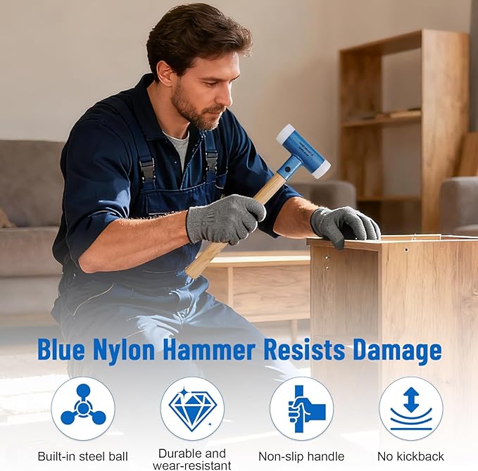 Dead Blow Nylon Hammer with Walnut Handle, Non-Marring Dual-Face Mallet with Steel Shot Core for Tile & Flooring Installation, Metalworking, Mechanical Repair and Assembly Tasks (Blue)