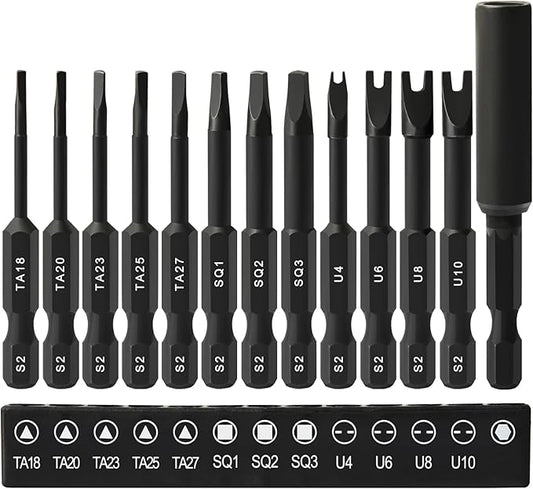 13PCS Screwdriver Bit Set, Triangle Screwdriver Set TA18-27, Square Drive Bits #1,2,3, Spanner Bit #4,6,8,10 with 1/4" Bit Holder, S2 Steel Hex Head Drill Bit Set, 1/4 Hex Impact Bit Set