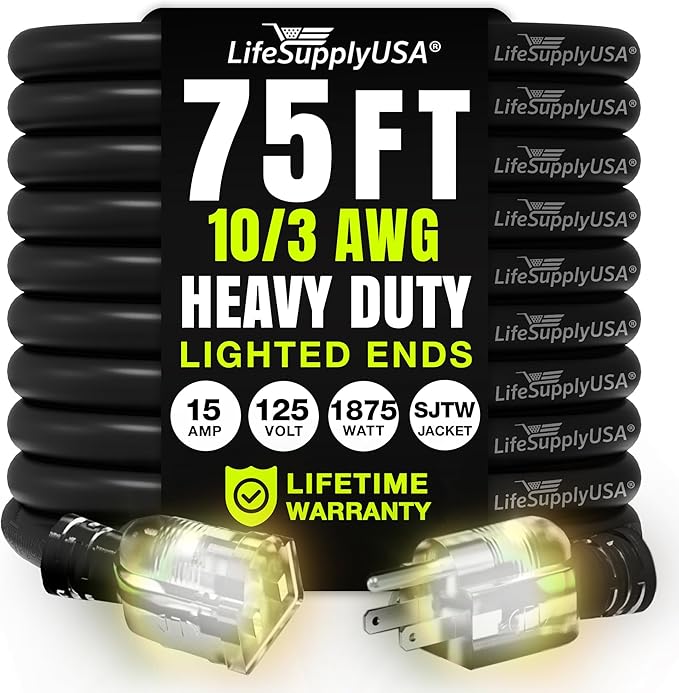 75ft Outdoor/Indoor Extension Cord 10/3 Gauge Ultra Heavy Duty 3 Prong SJTW, Waterproof, Flexible Cold-Resistant Long Power Cord,15A 125V 1875W, Black by LifeSupplyUSA
