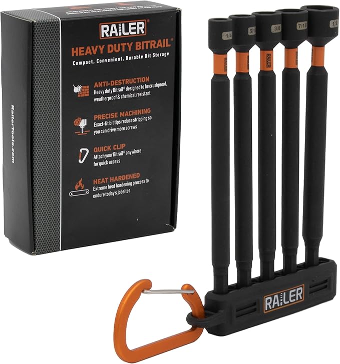 Railer Nut Driver Set - Premium 6 Inch 5-Piece Nutsetter Bit Set With A Storage Bit Holder & Carabiner