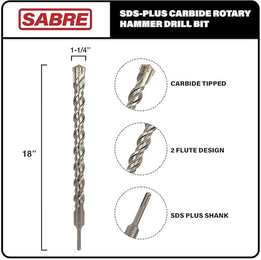 1-1/4 Inch x 18 Inch SDS Plus Rotary Hammer Drill Bit, Carbide Tipped for Brick, Stone, and Concrete (1-1/4" x 16" x 18")