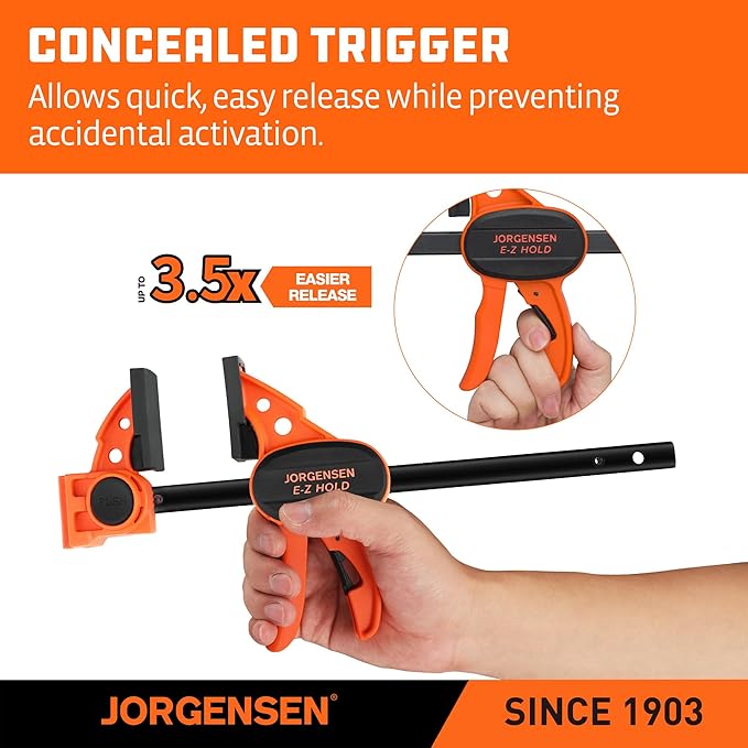 Jorgensen 6" Bar clamps for woodworking - 4-Pack, One-Hand Light Duty E-Z Hold Spreader Clamp, 150 lbs Capacity, Versatile and Easy-to-Use Design
