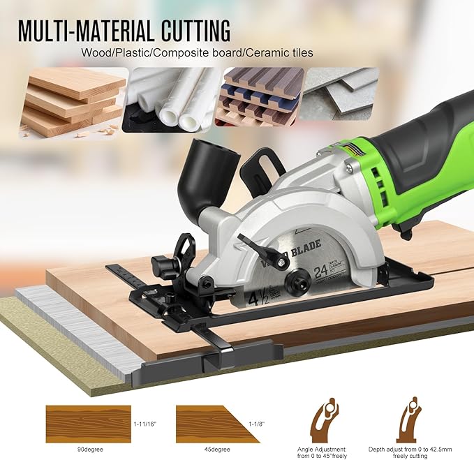GALAX PRO 6Amp 710W Mini Circular Saw, 5200RPM Electric Circular Saw,1-2/3''(90째)/1''(45째) Cutting Depth, with 2Pcs 115mm Saw Blades (24T/60T) for Wood/Metal