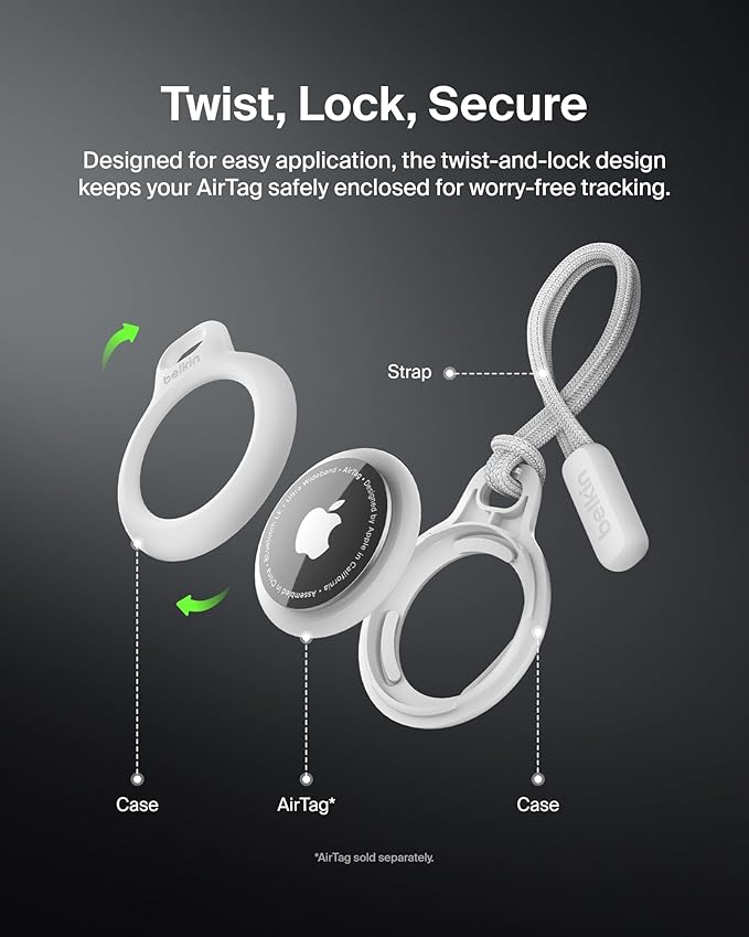 Belkin Apple Airtag Secure Holder With Strap - Apple Air Tag Keychain - Airtag Holder With Strap For Key Ring - Airtag Keychain Accessories - Scratch Resistant Airtag Case With Raised Edges - White